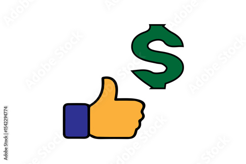The image is a colorful icon combining a thumbs-up gesture with a dollar sign. The thumbs-up hand is yellow with a blue cuff, outlined in black.