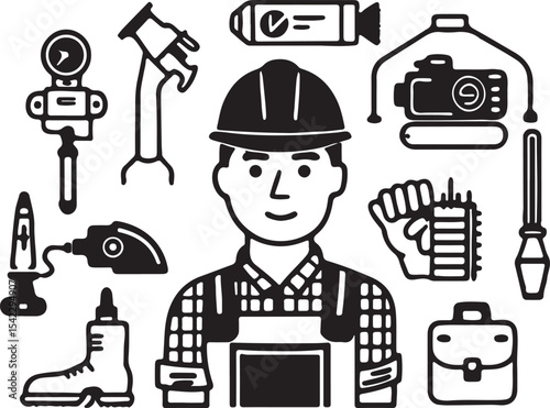 Cartoon illustration of construction workers with tools shovel and hammer