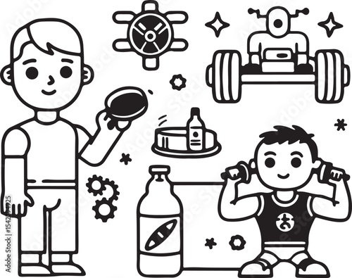 Cartoon vector icon set of baby boy and girl in various daily activities, perfect for children's designs and illustrations