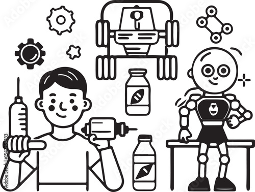 Funny cartoon scientist and zombie character icon set vector illustration design