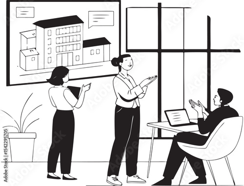 A funny cartoon illustration shows two business people, a man and a woman, shaking hands at a meeting