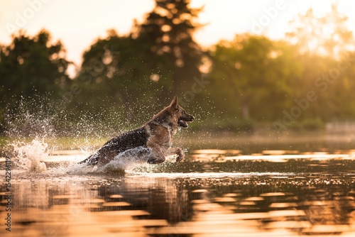 Photography German Shepherd in the forest and playing in the water