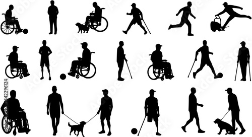 Black Silhouettes of People with Disabilities – Wheelchairs, Prosthetics, Crutches, Guide Dogs, Active Life Scenes
