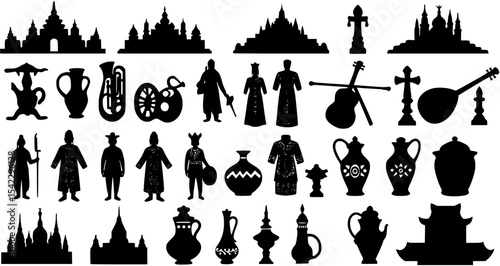 Cultural heritage silhouette icons set – outline, tradition and history symbols
