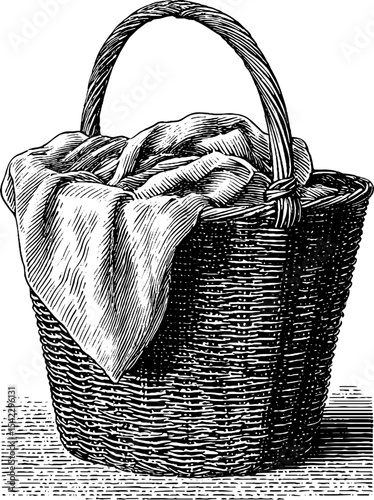 Vintage wicker basket with cloth in engraving style for interior design or print