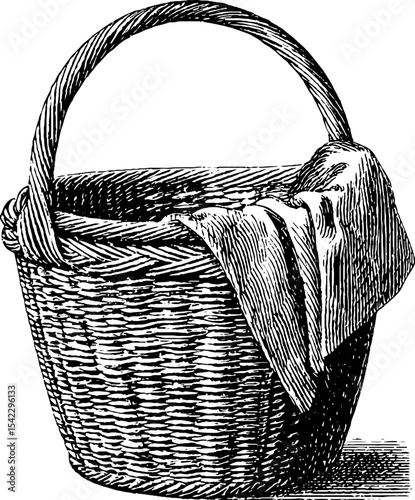 Vintage wicker basket with cloth in engraving style for decorative design