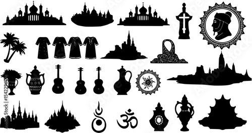 Cultural heritage silhouette icons set – outline, tradition and history symbols
