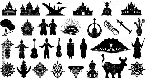 Cultural heritage silhouette icons set – outline, tradition and history symbols
