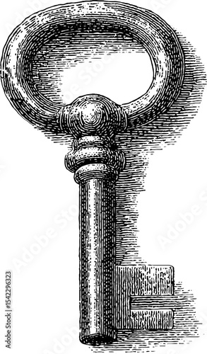 Antique winding key with vintage engraving design for historical illustration or decor