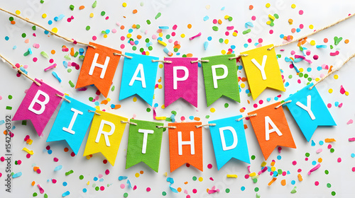 colorful birthday banner with bunting flags and confetti