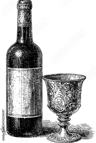 Vintage wine bottle and ornate glass in engraving style for classic design
