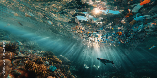 A powerful visual highlighting marine pollution, featuring a penguin beneath a surface littered with plastic waste — raising awareness about ocean conservation and environmental damage.