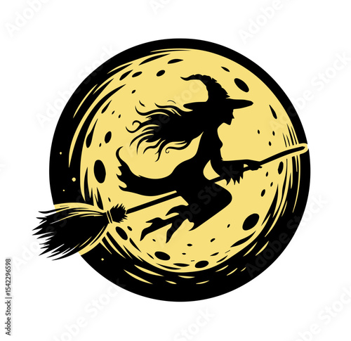 Flying witch silhouette on broom against full moon background