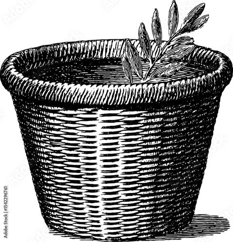 Vintage woven basket with leaf design in engraving and pencil style
