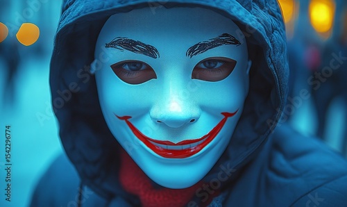Close Up Portrait Of Person Wearing White Face Covering And Dark Jacket Outdoors At Night