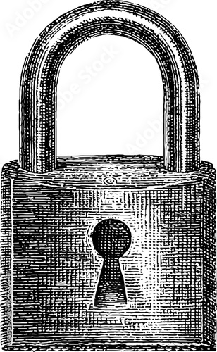 Vintage wrought lock box in engraving and pencil style for classic design concepts