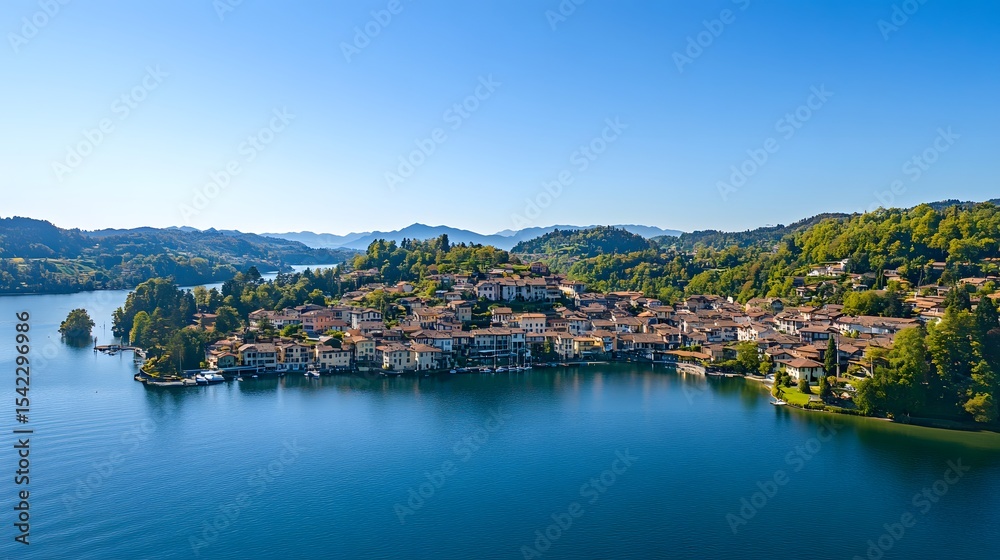 Fototapeta premium Aerial view of the picturesque village of Orta San Giulio on Lake Orta with calm waters, clear skies