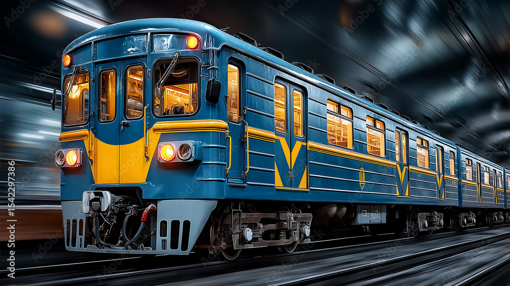Fototapeta premium blue subway train metro, moving through a dark underground tunnel, front headlights glowing, motion blur on tunnel walls,
