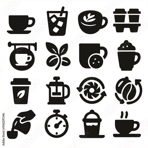 Coffee Icon Collection. Solid style icons of coffee silhouette: double espresso cup, iced coffee with straw and ice, latte cup