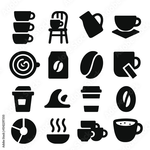 Coffee Icon Collection. Solid style icons of coffee silhouette: espresso mug stack, vintage café chair with cup, barista steaming