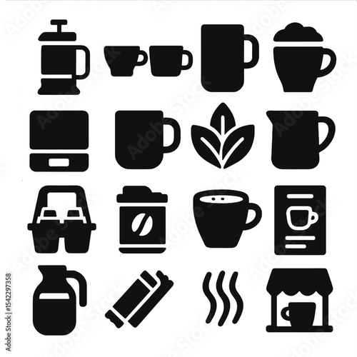 Coffee Iconography Collection. Solid style icons of coffee silhouette: portable coffee press, espresso shot duo, tall mug