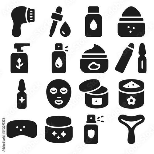 Facial Skincare Icons. Solid style icons of facial skincare routine: cleansing brush tool, facial oil dropper, pH balancing toner,