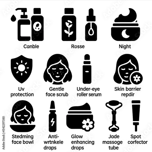 Facial Skincare Icons. Solid style icons of facial skincare routine: double cleansing set, rose toner icon, brightening essence