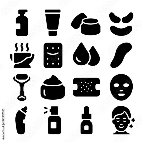 Facial Skincare Icons. Solid style icons of facial skincare routine: hydration milk bottle, skin brightening tube, daily cream