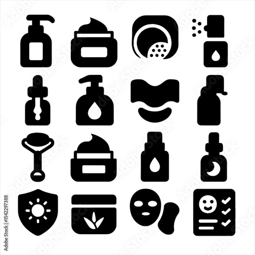 Facial Skincare Essentials Icons. Solid style icons of facial skincare routine: pH gentle cleanser bottle, deep exfoliant cream,