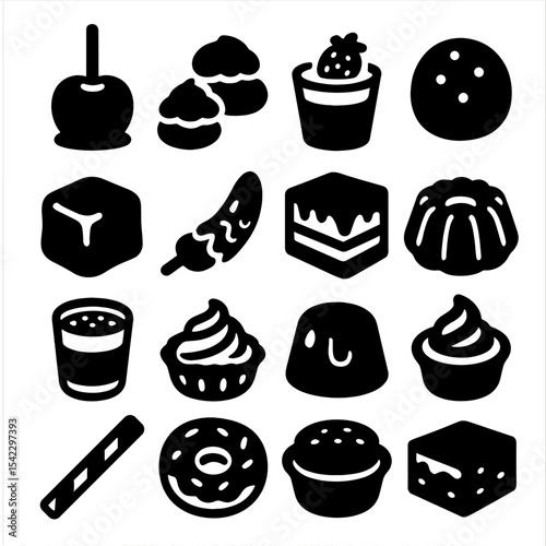 Dessert Icons Collection. Solid style icons of desserts: caramel apple stick, cream puff pair, strawberry mousse cup, candy-coated