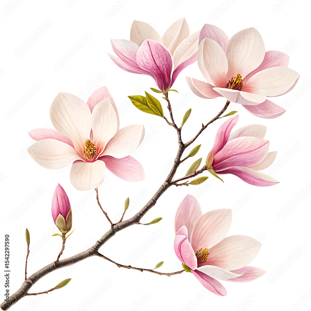 Obraz premium Magnolia Branch with Blossoms and Bud on Black Background