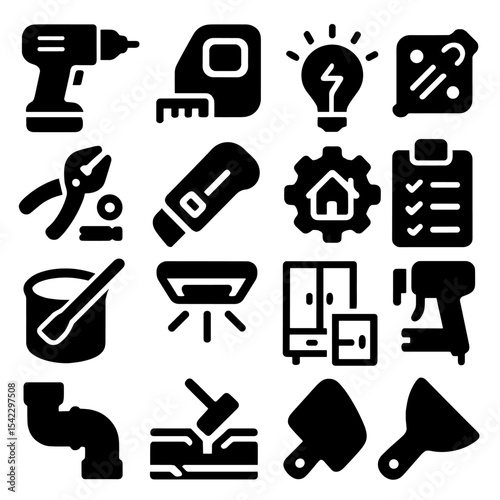 DIY Home Improvement Icons. Solid style icons of DIY home improvement: battery-powered drill, digital tape measure, DIY idea bulb