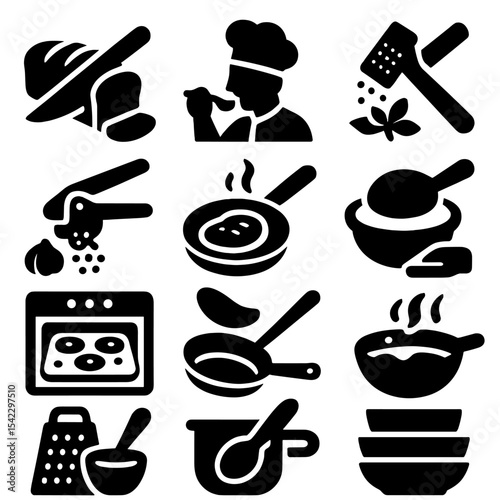 Culinary Icon Collection. Solid style icons of culinary: bread loaf being sliced, chef’s tasting spoon, citrus zesting icon,