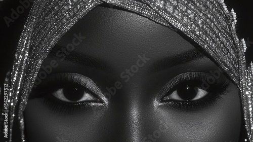 Closeup Black And White Portrait Of A Woman With Sparkling Headscarf