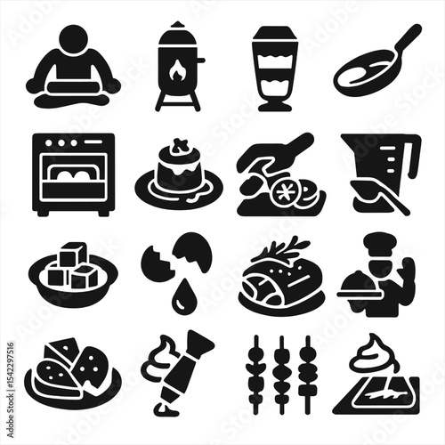 Culinary Icons Collection. Solid style icons of culinary: fondant being rolled, BBQ smoker icon, parfait layering icon, pancake