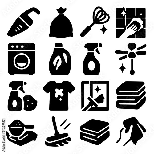 Home Cleaning Icons. Solid style icons of home cleaning: handheld vacuum icon, garbage bag with knot, rug beater icon, bathroom