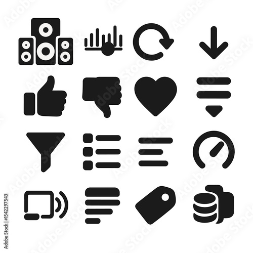 Music Interface Icons. Solid style icons of music player interface: multi-speaker mode icon, waveform audio slider, playback