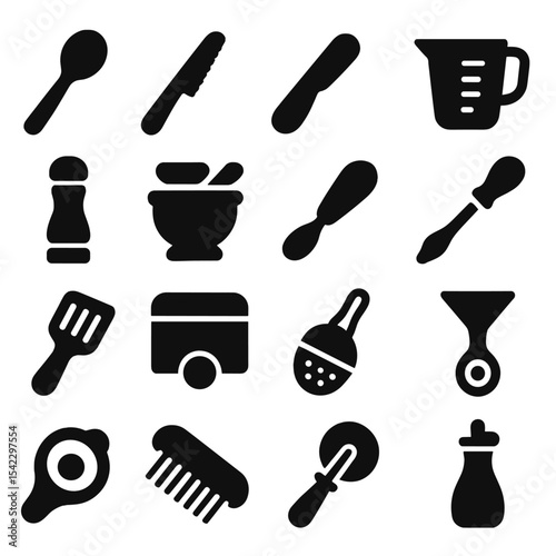Kitchen Utensil Icons. Solid style icons of kitchen utensils: wooden spoon, serrated knife, sandwich spreader, measuring cup,