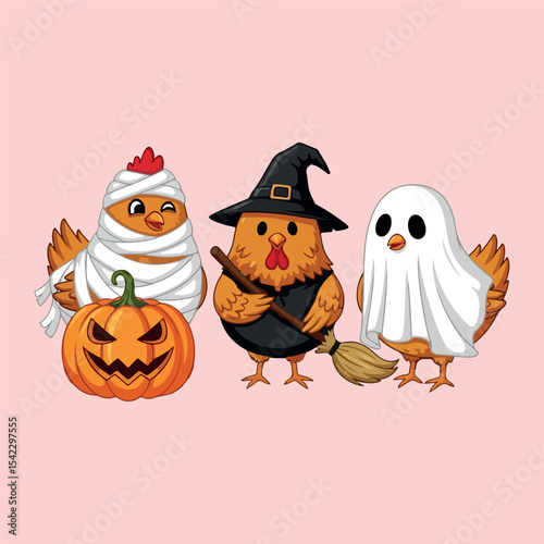 Cute Chickens in Halloween Costumes Illustration.
