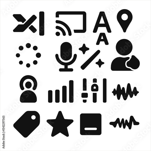 Music Player Icons. Solid style icons of music player interface: crossfade strength meter, output device switcher, lyrics font