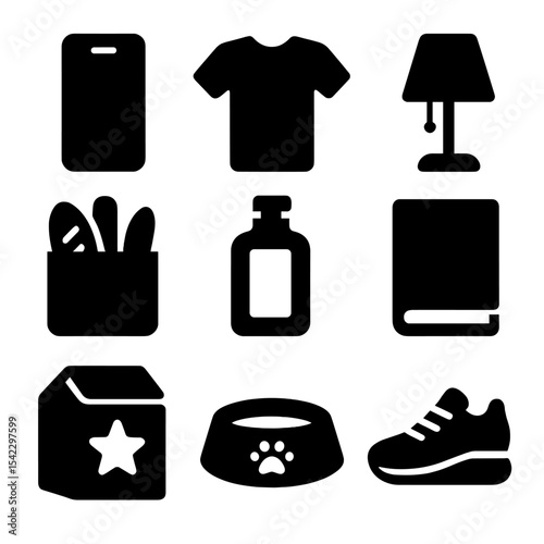 Solid Style Icons. Solid style icons of product types: electronics gadget, fashion t-shirt, home decor lamp, grocery bag, beauty