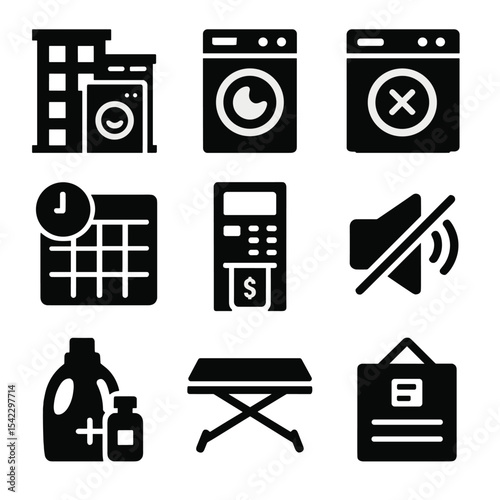 Shared Laundry Icons. Solid style icons of shared laundry spaces: apartment laundry, community washer, shared dryer, laundry slot