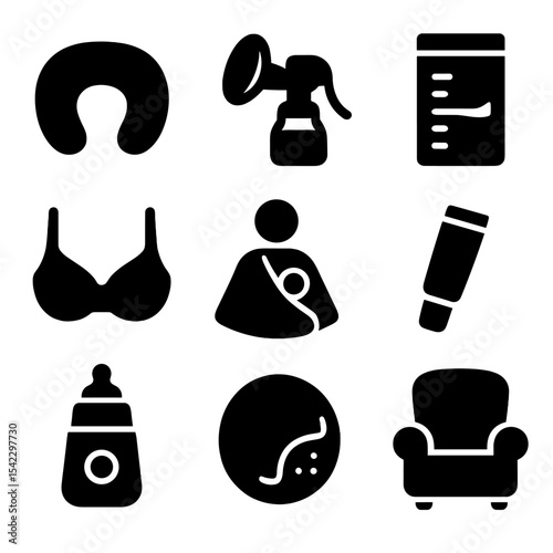 Nursing Essentials Icons. Solid style icons of nursing items: nursing pillow, breast pump, milk bag, nursing bra, cover wrap,