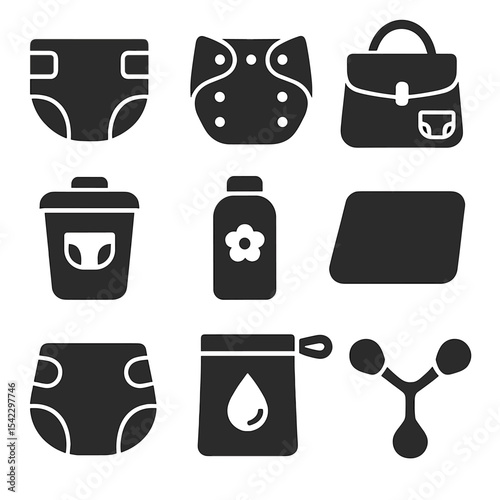 Diapering Essentials Icons. Solid style icons of diapering essentials: disposable diaper, cloth diaper, diaper bag, diaper pail,
