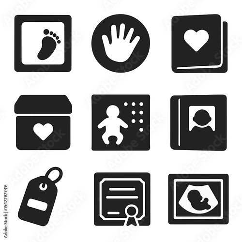 Baby Memory Icons. Solid style icons of baby memory items: footprint kit, handprint mold, baby diary, memory box, milestone
