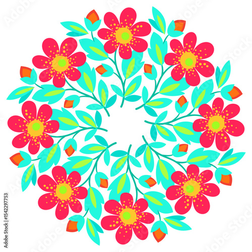 Cute bouquet of flowers in folklore style. Bright positive round plant ornament. Summer floral mandala. Design element of red blue flowers on white background