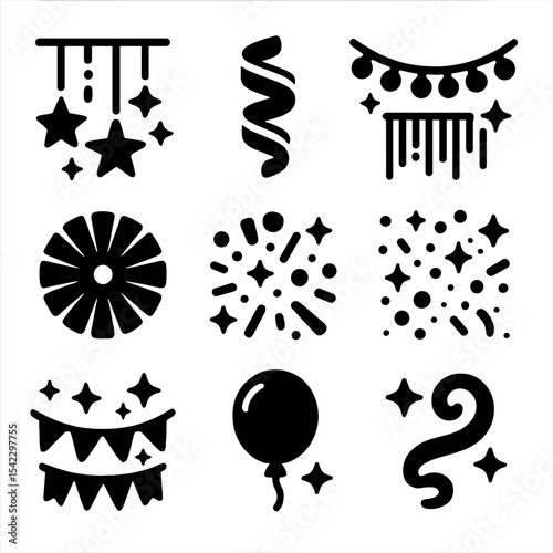Sparkling Party Decorations. Solid style icons of sparkling decorations: hanging stars, metallic ribbon, light chain, shimmer