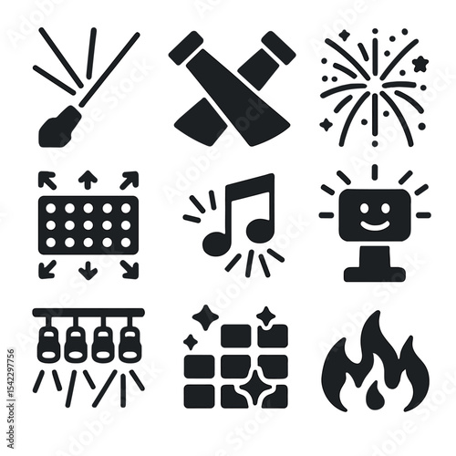 Vibrant Light Icons. Solid style icons of light shows: laser beam, spotlights crossing, firework finale, LED show, music and