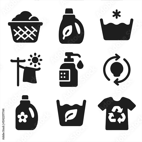 Eco-Friendly Laundry Icons. Solid style icons of eco-friendly laundry: bamboo basket, plant-based detergent, cold wash, solar