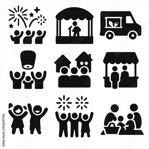Community Event Icons. Solid style icons of community events: outdoor fireworks, local stage, food truck, lantern launch, town
